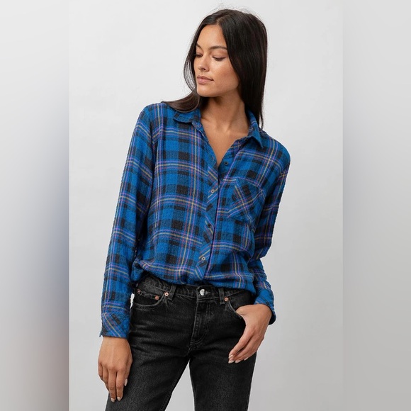 Rails Dutton Flannel Shirt Cobalt Black Citrus Sz small. So soft! Stretchy! EUC - Picture 1 of 11
